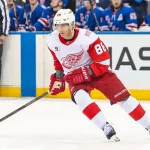 Apr 4, 2026; New York, New York, USA; Detroit Red Wings right wing Patrick Kane (88) skates against the New York Rangers during the second period at Madison Square Garden.