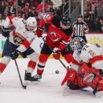 Mar 3, 2026; Newark, New Jersey, USA; Florida Panthers goaltender Sergei Bobrovsky (72) makes a save on New Jersey Devils right wing Timo Meier (28) during the second period at Prudential Center.
