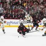Dec 3, 2024; Las Vegas, Nevada, USA; Vegas Golden Knights left wing Pavel Dorofeyev (16) skates between Edmonton Oilers right wing Kasperi Kapanen (42) and Edmonton Oilers center Connor McDavid (97) during the second period at T-Mobile Arena.