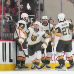 Jun 2, 2026; Raleigh, North Carolina, USA; Vegas Golden Knights center Tomas Hertl (48) celebrates scoring during the third period against the Carolina Hurricanes in game one of the 2026 Stanley Cup Final at Lenovo Center.