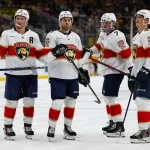 Apr 5, 2026; Pittsburgh, Pennsylvania, USA; Florida Panthers left wing Matthew Tkachuk (19), Florida Panthers center Sam Bennett (9), Florida Panthers defenseman Dmitry Kulikov (7), and Florida Panthers defenseman Gustav Forsling (42) look on against the Pittsburgh Penguins during the second period at PPG Paints Arena.