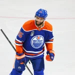 Jun 15, 2024; Edmonton, Alberta, CAN; Edmonton Oilers defenseman Darnell Nurse (25) celebrates a goal in the second period against the Florida Panthers in game four of the 2024 Stanley Cup Final at Rogers Place.
