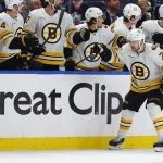 Apr 21, 2026; Buffalo, New York, USA; Boston Bruins left wing Viktor Arvidsson (71) celebrates his goal with teammates during the second period against the Buffalo Sabres in game two of the first round of the 2026 Stanley Cup Playoffs at KeyBank Center.