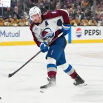 May 26, 2026; Las Vegas, Nevada, USA; Colorado Avalanche defenseman Cale Makar (8) shoots the puck during the second period against the Vegas Golden Knights in game four of the Western Conference Final of the 2026 Stanley Cup Playoffs at T-Mobile Arena.