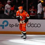 Apr 9, 2026; Anaheim, California, USA; Anaheim Ducks defenseman John Carlson (74) reacts after being selected as the first star of the night against the San Jose Sharks Honda Center.