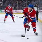 Oct 4, 2025; Montreal, Quebec, CAN; Montreal Canadiens left wing Samuel Blais (27) plays the puck against the Ottawa Senators during the first period at Bell Centre.