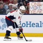 Apr 14, 2026; Columbus, Ohio, USA; Washington Capitals left wing Alex Ovechkin (8) waits for the face-off against the Columbus Blue Jackets during the third period at Nationwide Arena.