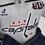 Dec 16, 2024; Dallas, Texas, USA; A view of the Capitals logo on the jersey of Washington Capitals goaltender Charlie Lindgren (79) during the game between the Dallas Stars and the Washington Capitals at American Airlines Center.