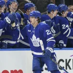 Mar 3, 2025; Toronto, Ontario, CAN; Toronto Maple Leafs forward Matthew Knies (23) gets congratulated after a goal against the San Jose Sharks during the second period at Scotiabank Arena.