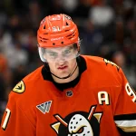 Mar 30, 2026; Anaheim, California, USA; Anaheim Ducks center Leo Carlsson (91) reacts before the first overtime period against the Toronto Maple Leafs at Honda Center.