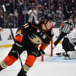 Feb 24, 2024; Los Angeles, California, USA; Anaheim Ducks center Leo Carlsson (91) reacts after scoring a goal against Los Angeles Kings goaltender David Rittich (31) during the shootout at Crypto.com Arena.