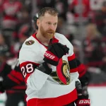Apr 20, 2026; Raleigh, North Carolina, USA; Ottawa Senators right wing Claude Giroux (28) looks on during the warmups before the game against the Carolina Hurricanes in game two of the first round of the 2026 Stanley Cup Playoffs at Lenovo Center.