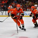 May 8, 2026; Anaheim, California, USA; Anaheim Ducks center Leo Carlsson (91) plays for the puck against the Vegas Golden Knights during the third period in game three of the second round of the 2026 Stanley Cup Playoffs at Honda Center. Mandatory Credit: Gary A. Vasquez-Imagn Images