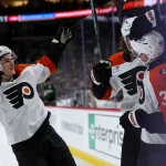 Mar 12, 2026; Saint Paul, Minnesota, USA; Philadelphia Flyers defenseman Emil Andrae (36) celebrates his goal against the Minnesota Wild during the first period at Grand Casino Arena. Mandatory Credit: Matt Krohn-Imagn Images