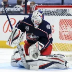 May 8, 2021; Columbus, Ohio, USA; Columbus Blue Jackets goaltender Matiss Kivlenieks (80) makes a save in net against the Detroit Red Wings in the second period at Nationwide Arena.