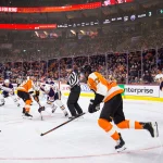 Feb 2, 2019; Philadelphia, PA, USA; (Editors note, original photo converted to black and white) General view as Philadelphia Flyers center Claude Giroux (28) and right wing Wayne Simmonds (17) compete against Edmonton Oilers center Leon Draisaitl (29) and defenseman Kevin Gravel (5) during the second period at Wells Fargo Center. Mandatory Credit: Bill Streicher-Imagn Images