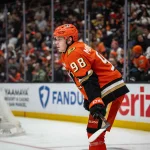 May 10, 2026; Anaheim, California, USA; Anaheim Ducks defenseman Pavel Mintyukov (98) during the third period against the Vegas Golden Knights in game four of the second round of the 2026 Stanley Cup Playoffs at Honda Center.