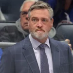 Oct 21, 2025; Elmont, New York, USA; New York Islanders head coach Patrick Roy coaches against the San Jose Sharks during the first period at UBS Arena. Mandatory Credit: Brad Penner-Imagn Images