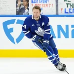 Dec 30, 2025; Toronto, Ontario, CAN; Toronto Maple Leafs defenseman Morgan Rielly (44) skates during the warmup before a game against the New Jersey Devils at Scotiabank Arena.
