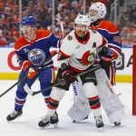 Mar 3, 2026; Edmonton, Alberta, CAN; Ottawa Senators forward Claude Giroux (28) tries to screen Edmonton Oilers goaltender Connor Ingram (39) during the second period at Rogers Place.