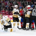 Mar 17, 2026; Montreal, Quebec, CAN; Brawl between Montreal Canadiens and Boston Bruins players in front of Jeremy Jeremy Swayman (1) net during the second period at Bell Centre.