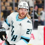 Apr 29, 2026; Las Vegas, Nevada, USA; Utah Mammoth center Barrett Hayton (27) warms up before the start of game five of the first round of the 2026 Stanley Cup Playoffs against the Vegas Golden Knights at T-Mobile Arena. Mandatory Credit: Stephen R. Sylvanie-Imagn Images