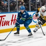 Jan 25, 2026; Vancouver, British Columbia, CAN; Pittsburgh Penguins defenseman Brett Kulak (77) defends against Vancouver Canucks forward Elias Pettersson (40) in the second period at Rogers Arena.