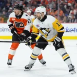 Apr 29, 2026; Philadelphia, Pennsylvania, USA; Pittsburgh Penguins right wing Bryan Rust (17) skates against Philadelphia Flyers left wing Noah Cates (27) in the second period in game six of the first round of the 2026 Stanley Cup Playoffs at Xfinity Mobile Arena.
