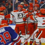 Apr 22, 2026; Edmonton, Alberta, CAN; The Anaheim Ducks celebrate a goal scored by forward Alex Killorn (17) during the second period against the Edmonton Oilers in game two of the first round of the 2026 Stanley Cup Playoffs at Rogers Place.