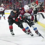 Feb 28, 2020; Raleigh, North Carolina, USA; Colorado Avalanche center Vladislav Kamenev (81) controls the puck against Carolina Hurricanes left wing Jordan Martinook (48) during the first period at PNC Arena.