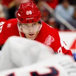 Apr 7, 2026; Detroit, Michigan, USA; Detroit Red Wings right wing Patrick Kane (88) gets set during a face off in the second period against the Columbus Blue Jackets at Little Caesars Arena.
