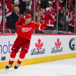 Mar 16, 2026; Detroit, Michigan, USA; Detroit Red Wings right wing Patrick Kane (88) celebrates his goal during the second period against the Calgary Flames at Little Caesars Arena.