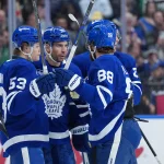 Apr 13, 2026; Toronto, Ontario, CAN; Toronto Maple Leafs center John Tavares (91) scores a goal and celebrates with right wing William Nylander (88) against the Dallas Stars during the first period at Scotiabank Arena.