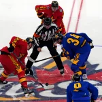 Feb 3, 2024; Toronto, Ontario, CAN; Team Hughes right wing Frank Vatrano (77) of the Anaheim Ducks and Team Matthews center Auston Matthews (34) of the Toronto Maple Leafs take the face-off in the 2024 NHL All-Star Game at Scotiabank Arena.
