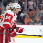 Apr 2, 2026; Philadelphia, Pennsylvania, USA; Detroit Red Wings right wing Patrick Kane (88) reacts after scoring a goal against the Philadelphia Flyers in the third period at Xfinity Mobile Arena.