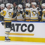 Jan 22, 2026; Edmonton, Alberta, CAN; The Pittsburgh Penguins celebrate a goal scored by forward Anthony Mantha (39) during the first period against the Edmonton Oilers at Rogers Place. Mandatory Credit: Perry Nelson-Imagn Images