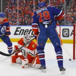Apr 28, 2026; Edmonton, Alberta, CAN; Edmonton Oilers forward Leon Draisaitl (29) scores a goal during the first period against Anaheim Ducks goaltender Lucas Dostal (1) in game five of the first round of the 2026 Stanley Cup Playoffs at Rogers Place.