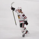 Apr 6, 2026; San Jose, California, USA; Chicago Blackhawks center Connor Bedard (98) celebrates after a goal is scored against the San Jose Sharks in the third period at SAP Center at San Jose.