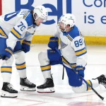 Mar 15, 2026; Winnipeg, Manitoba, CAN; St. Louis Blues center Oskar Sundqvist (70) and St. Louis Blues left wing Pavel Buchnevich (89) talk before the start of the third period against the Winnipeg Jets at Canada Life Centre.