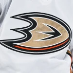 Feb 13, 2024; Montreal, Quebec, CAN; View of a Anaheim Ducks logo on a jersey worn by a member of the team against the Montreal Canadiens during the third period at Bell Centre.