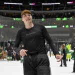 Apr 11, 2026; Dallas, Texas, USA; Dallas Stars left wing Jason Robertson (21) throws t-shirts to the fans after the Stars defeat the New York Rangers at the American Airlines Center.