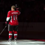 Dec 4, 2014; Ottawa, Ontario, CAN; Ottawa Senators former player Daniel Alfredsson (11) takes part in a pre-game ceremony prior to game against the New York Islanders at Canadian Tire Centre. Mandatory Credit: Marc DesRosiers-Imagn Images
