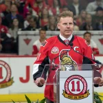 Dec 29, 2016; Ottawa, Ontario, CAN; Daniel Alfredsson (11) speaks during the jersey retirement party help prior to the start of game between the Detroit Red Wings and Ottawa Senators at the Canadian Tire Centre. Mandatory Credit: Marc DesRosiers-Imagn Images