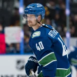 Apr 14, 2026; Vancouver, British Columbia, CAN; Vancouver Canucks forward Elias Pettersson (40) skates in warm up prior to a game against the Los Angeles Kings at Rogers Arena.