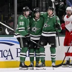 Jan 19, 2025; Dallas, Texas, USA; Dallas Stars defenseman Thomas Harley (55) and center Wyatt Johnston (53) and left wing Jason Robertson (21) celebrates a goal scored by Johnston against the Detroit Red Wings during the third period at the American Airlines Center.