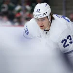 Mar 15, 2026; Saint Paul, Minnesota, USA; Toronto Maple Leafs left wing Matthew Knies (23) prepares for a face-off against the Minnesota Wild during the second period at Grand Casino Arena.