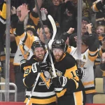 Oct 25, 2025; Pittsburgh, Pennsylvania, USA; Pittsburgh Penguins right wing Anthony Mantha (39) celebrates his goal with right wing Justin Brazeau (16) against the Columbus Blue Jackets during first period action at PPG Paints Arena.