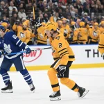 Dec 23, 2025; Toronto, Ontario, CAN; Pittsburgh Penguins forward Rutger McGroarty (2) celebrates after scoring a goal against the Toronto Maple Leafs in the second period at Scotiabank Arena.
