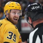Apr 27, 2026; Pittsburgh, Pennsylvania, USA; Pittsburgh Penguins right wing Anthony Mantha (39) reacts to the officials against the Philadelphia Flyers during the first period in game five of the first round of the 2026 Stanley Cup Playoffs at PPG Paints Arena.
