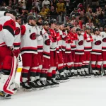 Jun 14, 2026; Las Vegas, Nevada, USA; Carolina Hurricanes celebrate the win against the Vegas Golden Knights in game six of the 2026 Stanley Cup Final at T-Mobile Arena.